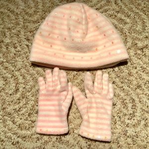 GAP Kids Pink White Striped Fleece Winter Hat & Gloves Set S/M